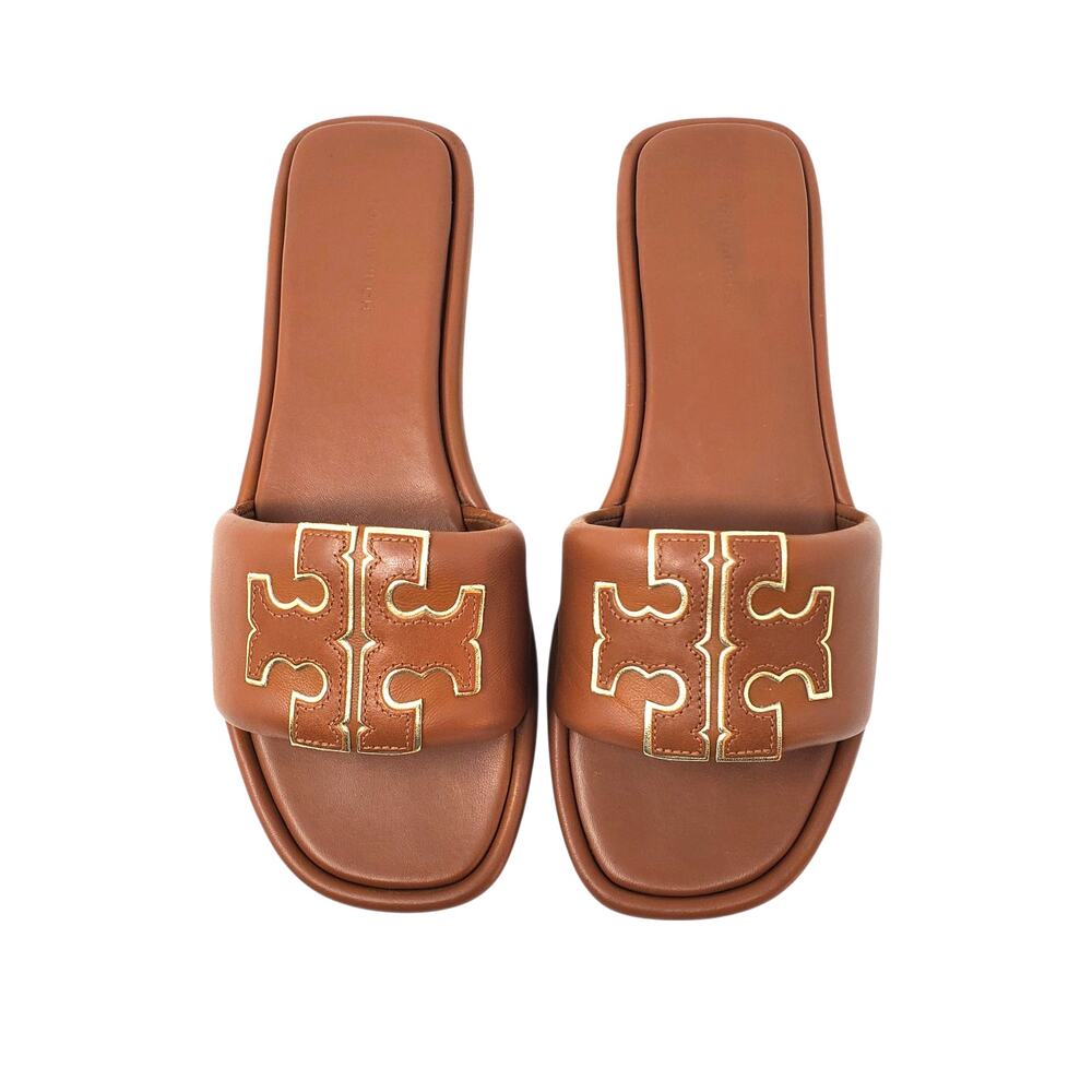 Tory Burch Double T Sport Slide Sandal Leather Bourbon Miele Gold 79985 Size 8.5 - Picture 3 of 10